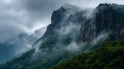 Fog rolling over rocky mountains covered with forest.