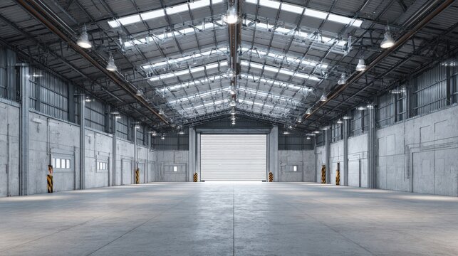A High Resolution image of spacious empty industrial warehouse interior with concrete floor and metal roof.