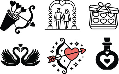 A Collection of Romantic Love Icons Perfect for Valentine's Day and Wedding Designs Featuring Cupid's Arrow Swans and a Gift Box