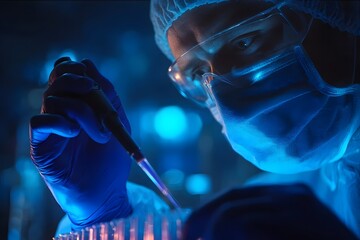 Scientist using pipette in laboratory under blue lighting.