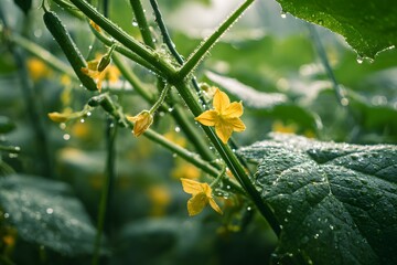 Close-up of cucumber plant with yellow flowers and water droplets.