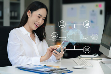 Social media digital in virtual icon globe shape business open his hand, working touch screen smartphone.