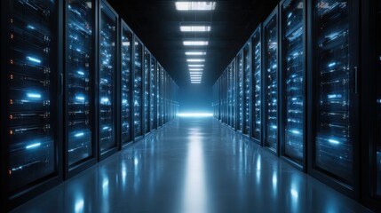 Modern data center server room with blue glowing lights and rows of racks