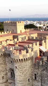 Aerial overview of the Palace of the Grand Master of the Knights of Rhodos during a summer day in Greece