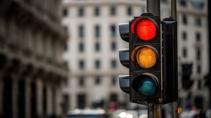 A High Resolution image of traffic light showing red, yellow, and green signals in a city.