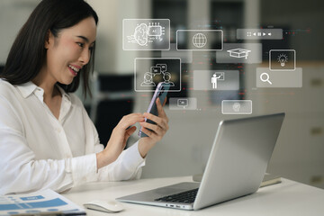 Digital transformation technology strategy, Person using laptop, tablet and smartphone with of...