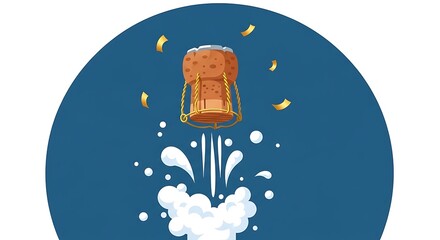 Champagne Cork Launching with Bubbles and Confetti.