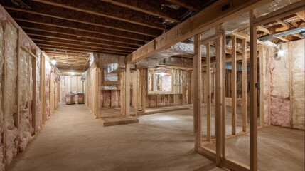 Fototapeta premium A High Resolution image of unfinished basement framing and insulation, ready for renovation.