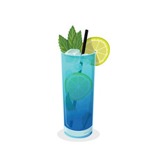 Blue mojito cocktail drink in a glass with cold ice cubes, lime or lemon slices, and refreshing mint leaves, perfect for restaurant menu design or summer theme design.