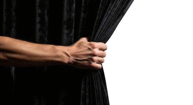 Dramatic Presentation Male Hand Opening Elegant Black Stage Curtain