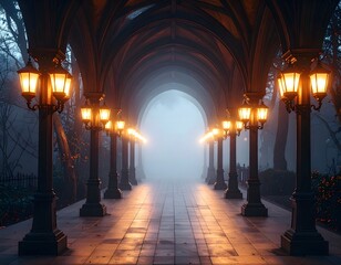 Foggy Archway with Glowing Lanterns