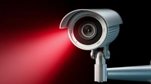 Surveillance camera with red light beam, progressively zooming in on lens detail, showcasing sleek design and modern technology, emphasizing security and monitoring capabilities in a dynamic visual se