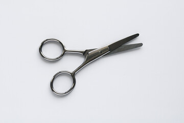 A pair of small, sharp silver metal scissors, ideal for precision tasks such as crafting, or intricate cutting. The sleek design and open blades are presented against a clean white background.