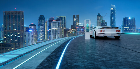 3d rendering electric vehicle charging on futuristic city road at night