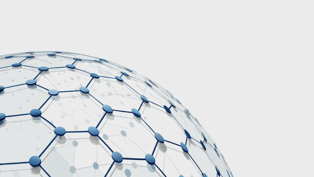 Abstract 3d globe with interconnected blue nodes and lines forming a digital network grid on a white background