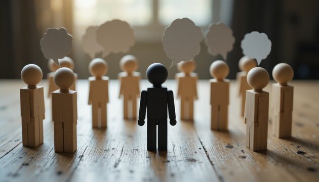 Wooden figurines on a wooden table, one dark wooden figure with sad face surrounded by light wooden figures, speech bubbles floating around, concept of loneliness and social exclusion
