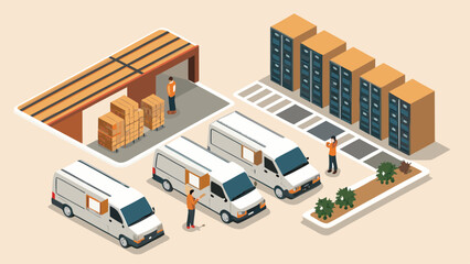 Obraz premium Isometric illustration of logistics and delivery operations with vans warehouse and storage units in a clean modern style