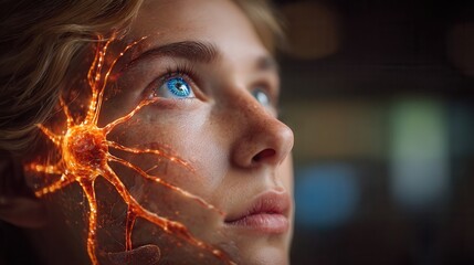 Stunning close-up of a person's face with vibrant neural pathways and a digital blue eye, symbolizing innovation and the future of technology