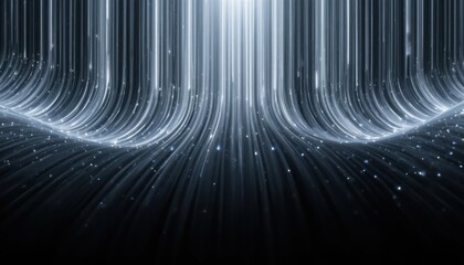 Silver and white glowing light beams forming vertical curved lines, elegant minimal abstract pattern on black background.