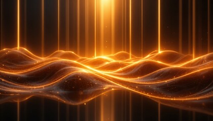 Golden-orange luminous vertical waves, abstract light reflection on dark background, warm glowing futuristic design.