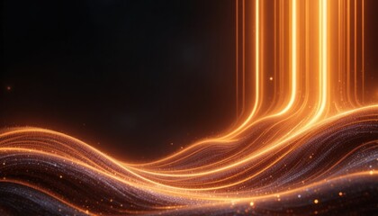 Golden-orange luminous vertical waves, abstract light reflection on dark background, warm glowing futuristic design.