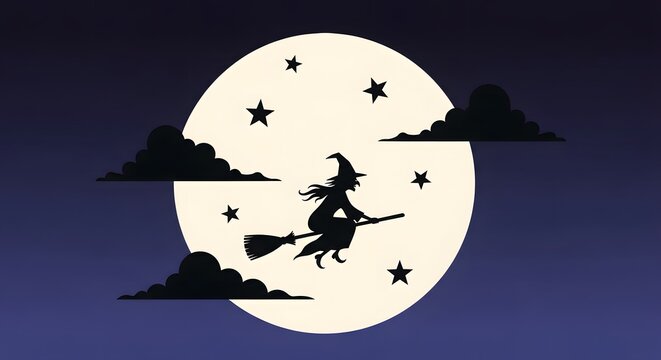 Silhouette of a witch flying on a broomstick against a full moon and starry night sky, perfect for Halloween themes