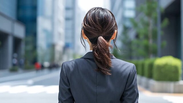 Businesswoman walking city street back view suit jacket professional woman urban landscape ponytail hair
