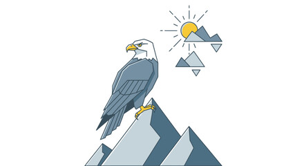 Fototapeta premium Majestic Eagle Perched on Mountain Peak Under a Stylized Sun.