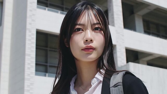 Asian woman student lifestyle beautiful female portrait model outdoors urban building backpack study 100