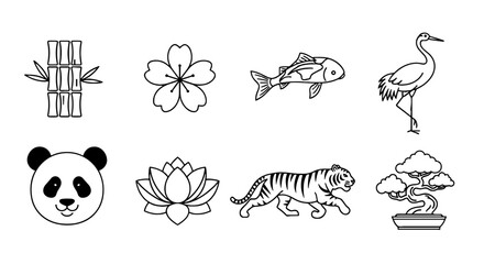 Detailed Asian Cultural Symbols Compilation: Bamboo, Cherry Blossom, Koi Fish, Crane, Panda, Lotus Flower, Tiger, and Bonsai Tree Illustrations, Representing Nature, Traditions, and Art for Print, Des