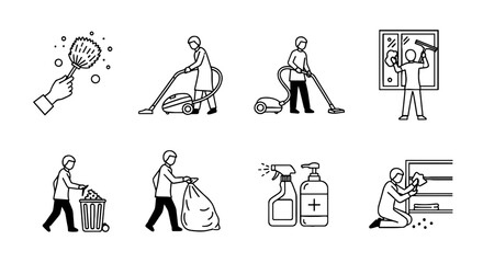 Detailed Line Art Icons of Cleaning Activities, Including Vacuuming, Dusting, Window Washing, and Trash Removal, Representing Home Care, Office Maintenance, and Janitorial Services for Presentations,