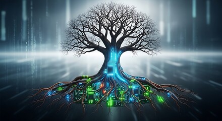 Digital tree of life with glowing circuit board roots and futuristic background
