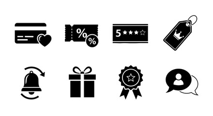 Loyalty Rewards Program Icons Set: Customer Appreciation Symbols for Marketing Campaigns, Promoting Customer Service, and Boosting Brand Loyalty with Sales, Discounts, Gifts, and Special Offers for E-