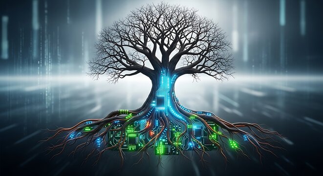 Digital tree of life with glowing circuit board roots and futuristic background