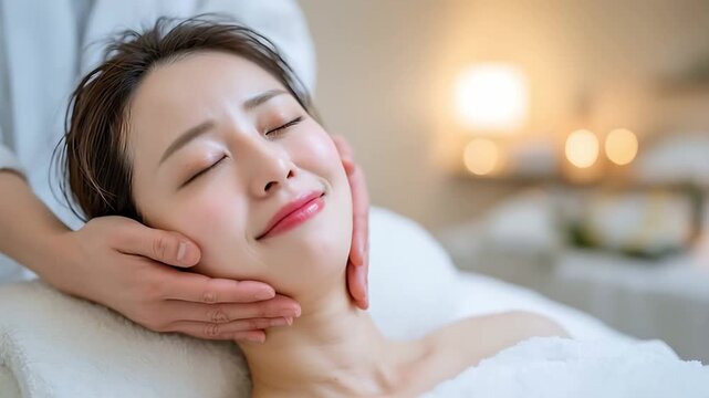 Facial massage spa day beauty treatment skincare relaxation wellness asian woman serene peaceful pampering
