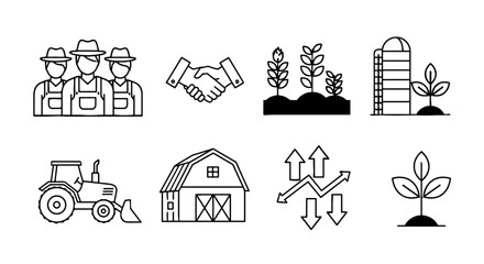Agricultural Business Teamwork Concept Illustration: Farmers Collaboration on Crop Production with Barn, Tractor, and Market Growth Depiction for Farming Industry Presentations and Sustainable Agricul