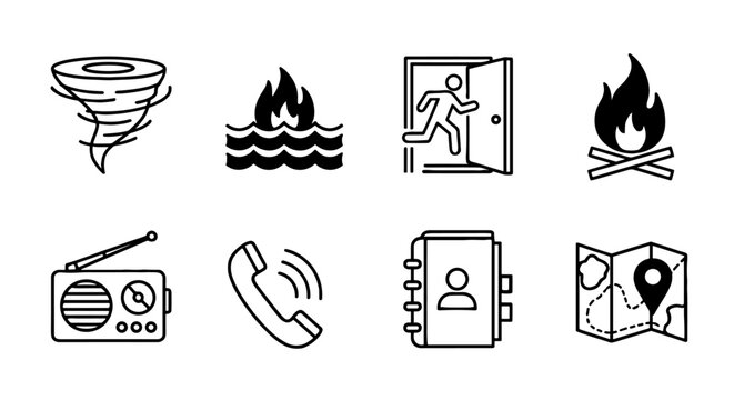 Emergency Preparedness Icons Set: Tornado, Flood, Evacuation, First Aid, Radio Communication, Phone, Contact List, Map - Disaster Planning Vector Symbols for Safety Education & Awareness Materials (20
