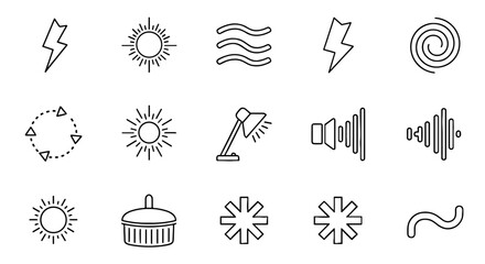 Line Icon Set Representing Natural Phenomena & Technology for Modern Visual Communication: Outlined Symbols Depicting Weather, Energy, Sound Waves & Design Elements for Graphic Design & UI/UX Projects