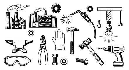 Manufacturing Industry Equipment and Tools Illustration: Factory, Construction, Blacksmithing, and Metalwork Symbols for Engineering Projects, Presentation Backgrounds, Industrial Design Templates, Ha