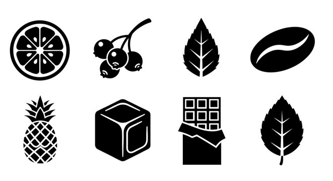 Diverse Food Icons Set for Culinary Designs: A Collection of Lemon Slice, Berries, Mint Leaves, Coffee Bean, Pineapple, Ice Cube, and Chocolate Bar for Recipes, Menus, and Nutrition Guides (Vector Ill