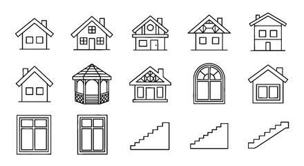 Fototapeta premium Architectural Home Designs & Structures Illustration Set for Real Estate & Construction Projects: Houses, Windows & Staircases Vector Outlines for Building Plans & Modern Visualization (Estate,Residen