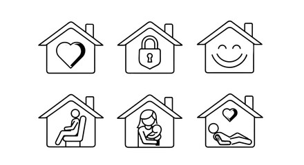 Obraz premium Stay Home Illustration Concepts: Family, Security, Happiness, Relaxation, Work, Motherhood Icons Representing Shelter-in-Place, Quarantine and Safety During Pandemic, Line Art Graphic Resource for Hea