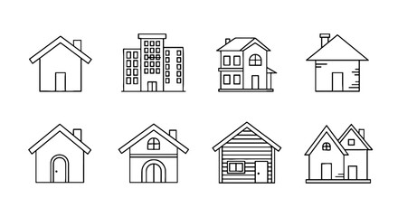 Fototapeta premium Line Art House Icons Collection Representing Real Estate and Home Ownership, Depicting Various Building Styles and Architecture for Property Development, Housing Market Concepts, Modern Design Present