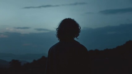Contemplative woman stands at dusk over wide landscapes, breathing in the hush of blue hour as the last light fades and a calm, reflective mood settles across mountains and sky - Powered by Adobe