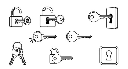 Obraz premium Keys and Locks Outlines: Security, Protection, and Access in a Minimalist Design for Business, Technology, and Home Safety, Illustrating Concepts of Privacy and Control in Modern Applications for Pres