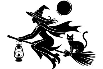 Witch flying on a broomstick with a lantern and a cat