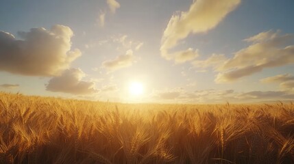 Golden wheat field at sunset with sun and clouds