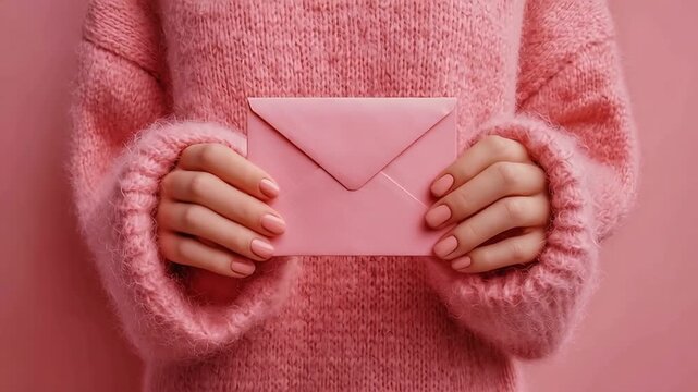 Pink envelope mail message letter hands sweater manicure pastel color communication correspondence send receive