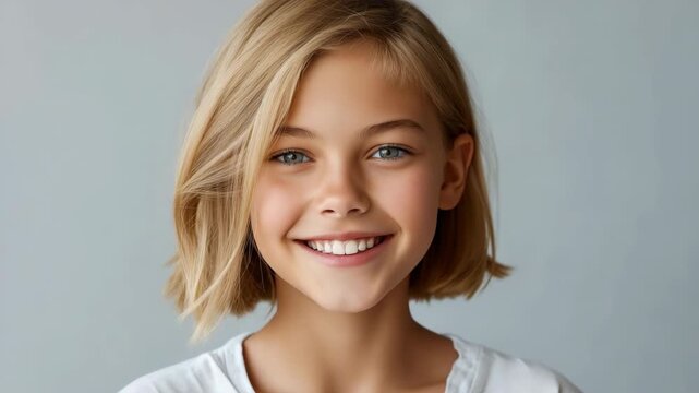 Smiling caucasian female child with short blond hair and blue eyes