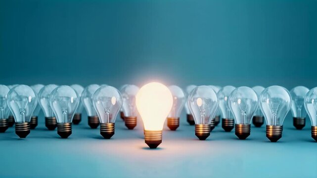 Row of light bulbs with one glowing bright, symbolizing innovation, creativity, and the spark of an idea that leads teams forward with clarity, leadership, and practical solutions